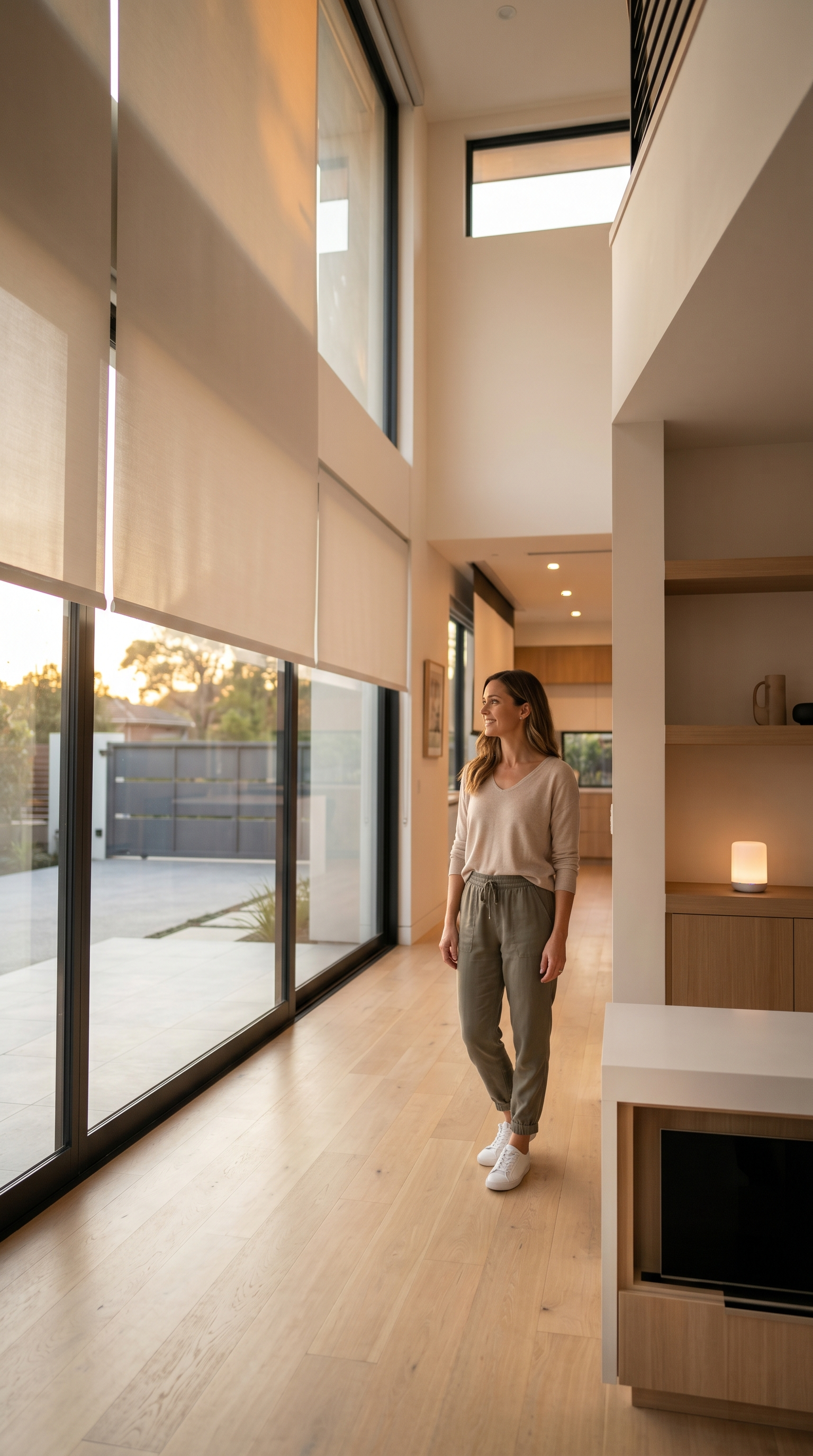 Smart home hallway with automated shades by 8 Bit Homes